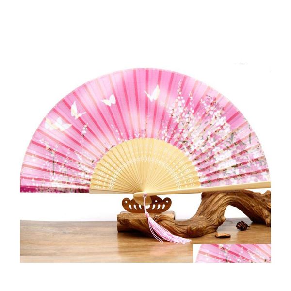 Favor de fiesta Estilo vintage Seda Ventilador plegable Chino Patrón japonés Arte Artesanía Regalo Decoración del hogar Adornos Boda Danza Mano Fans Otdbg