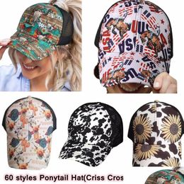 Party Favor Washed Dieed Messy Buns Ponycaps Léopard Tournesol Criss Cross Trucker Mesh Chapeaux Zza3224 Drop Delivery Home Garden Festiv Dhld7