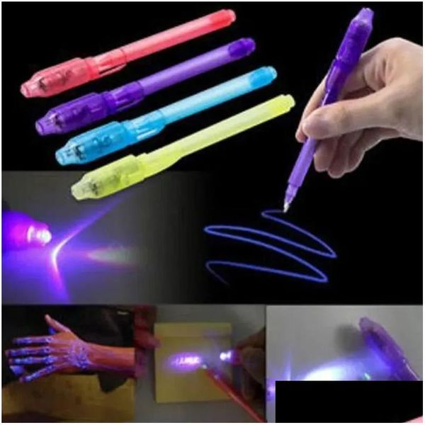 Party Favor Wholesale 2 en 1 UV Light Magic Magic Invisible Pens Pens Creative Ink Ink Plastic Highlighter Marker SCOL BUREAT DRUM DHUIM