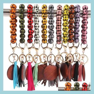 Party Favor porte-clés en bois avec gland imprimé perles Bracelet Party Favor Plaid en bois porte-clés conseil poignet porte-clés pendentif Dr Dhizw