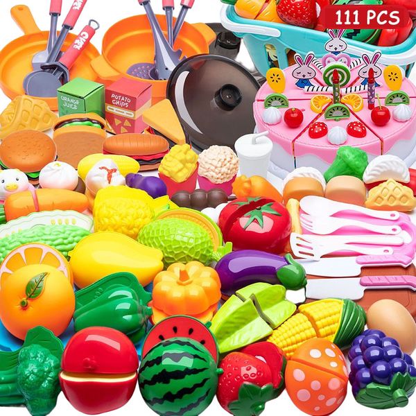 Jeux de fête Artisanat 114pcs Play Set Plastique Alimentaire Jouet DIY Gâteau Coupe Fruits Légumes Faire semblant Jouets pour Enfants Cadeaux Éducatifs 230520