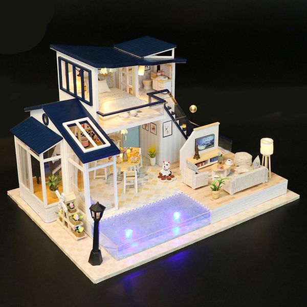 Jeux de fête Artisanat Grande Maison de Poupée Bricolage Miniature Kit Roombox Villa Avec Piscine Wwimming 3D Modèle En Bois Bâtiment Maison De Poupée Meubles Jouets Cadeaux D'anniversaire 230508