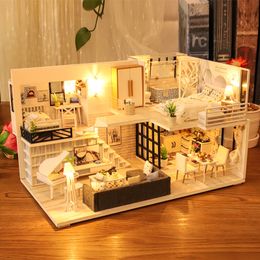 Jeux de fête Artisanat Cutebee DIY Maison de poupée Miniature avec meubles LED Musique Couverture anti-poussière Modèle Blocs de construction Jouets pour enfants Casa De Boneca M21 230520