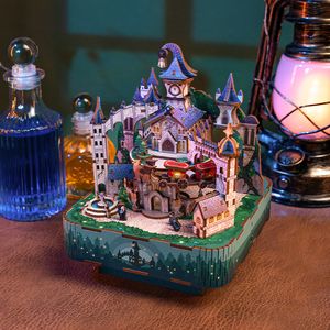 Jeux de fête Artisanat DIY Château magique en bois Boîte à musique Kits de construction de modèles City Street View 3D Puzzle Jouets pour enfants Cadeaux d'anniversaire Décoration d'intérieur 230508