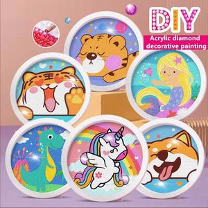 Party Games Crafts Rond frame eenhoorn diamant schilderij kitten handgemaakte dinosaurus creatieve stickers tijger diy puntverf 231207