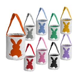 Feest Geschenk decoratie Easter Bunny Basket Zakken Katoenlinnen met cadeau en eieren jagen snoeptas pluizige staarten bedrukte konijn speelgoed emmer tas 9 kleur wll1888