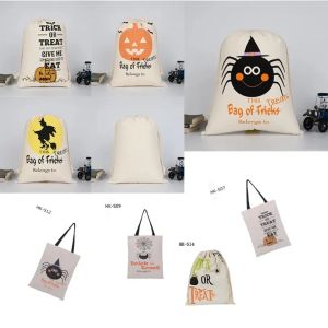 Bolsa de asas de Halloween para fiesta, lienzo de algodón, saco de regalo para dulces, bolsas con cordón para truco o trato, suministros para fiestas y festivales 1010