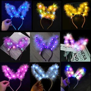 Chapeaux de fête 14 lampe plume lapin oreille cheveux cerceau lumières lapin oreille bandeau bandeau fête cadeau cosplay anniversaire mariage lumineux YQ240120