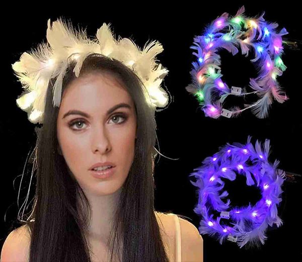 Chapeaux de fête 1 pièces lumière clignotante de noël LED couronne de plumes de fleurs bandeaux néon ange Halo fête de mariage cadeau d'anniversaire Club Bar décor YQ240120