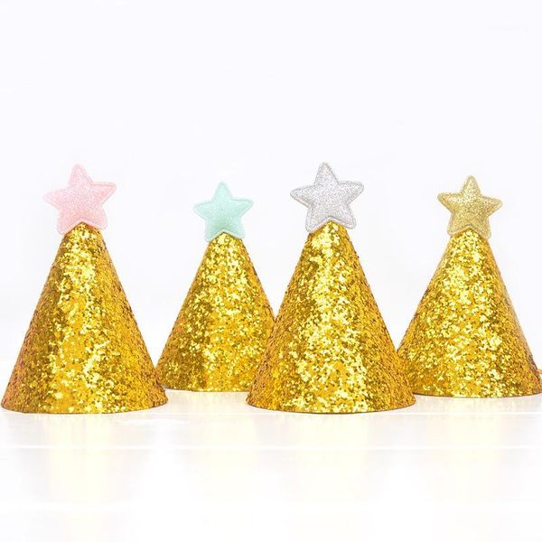 Sombreros de fiesta 5 unids brillante oro feliz cumpleaños gorras 1er sombrero decoración de navidad bebé niños pelo lindo accesorio ducha decoración1