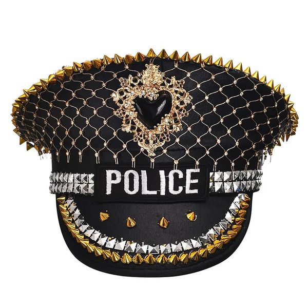 Sombreros de fiesta Remaches negros y dorados Adulto Unisex Goth Rock Oficial Sombrero Halloween Headwear Cop Cosplay Accesorios Steampunk Anime Prop 231013