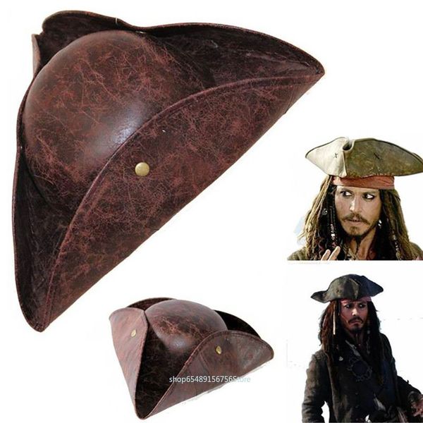 Chapeaux de fête Capitaine Chapeau Pirate Chapeau Jack Sparrow Cosplay Vintage Faux Cuir Bouton Mascarade Partie Hommes Femmes Tricorne Chapeau Cap 230630