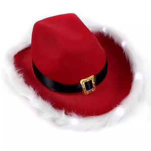 Chapeaux de fête Chapeau de Noël avec des lumières LED Santa Cowboy clignotant Chapeaux de cowboy de Noël éclairer la décoration de fête de Noël Cadeaux de Noël 231020