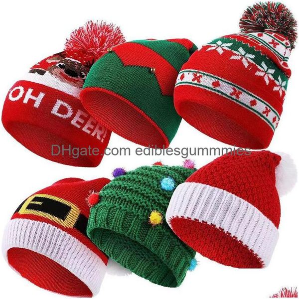 Sombreros de fiesta Sombrero de punto de Navidad Reno de Navidad Santa Copo de nieve Pompom Beanie Red Green Cloghet Tree Cap para el año Adt Kids Gift Drop Dhogt