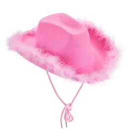 Feesthoeden Cowboyhoed voor vrouwen Cowgirl met roze veren Boa Pluizige rand Volwassen grootte Speelkostuum 231101