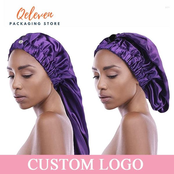 Sombreros de fiesta Logotipo personalizado Mujeres Gorros de satén largos ajustables con botón de metal para extensiones de cabello virgen Pelucas Protección para dormir