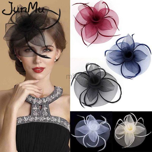 Chapeaux De Fête De Mode À La Main Dame Femmes Fascinator Arc Pince À Cheveux Chapeaux Dentelle Plume Mini Chapeau De Noce Accessoire Course 5 Couleurs HKD230807