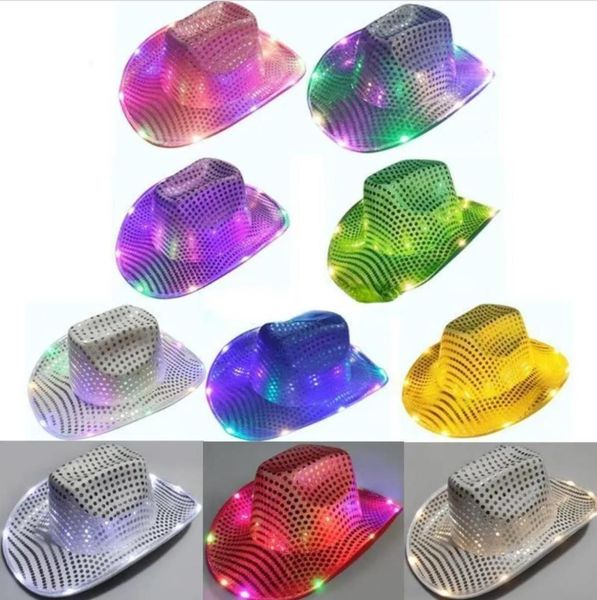 Sombreros de fiesta para boda, sombrero LED de vaquera espacial con luz intermitente, sombreros de vaquero con lentejuelas, gorras luminosas, disfraz de Halloween, venta al por mayor