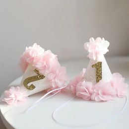 Chapeaux de fête Fille Rose Fleur Chic 1er Anniversaire Chapeau Blanc Paillettes Chapeau De Fête 1 2 3 ans Bandeau Gâteau Smash Casquette De Fête Animaux Chapeaux D'anniversaire 231204