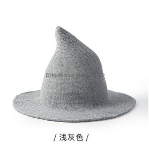 Chapeaux de fête Halloween Cosplay Chapeau de sorcière Solide Couleur Large Brim Assistant Pointu Seau Cap Hiver Chaud Fausse Laine Tricoté Mascarade Drop Dhpnh