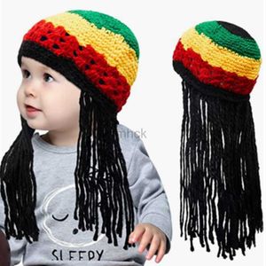 Feesthoeden Halloween Day Party Dress Up Hair Pigtail Wig Cap Hand Knit Baret Hat for Children Winter Warm Funny Jamaica Kids Hoeden en Caps HKD230807