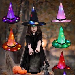 Chapeaux de fête Halloween LED chapeau de sorcière lumineux brillant pour les chapeaux de fête décor de cour extérieure lueur dans les accessoires sombres enfant jouet livraison directe maison Ga Dhz0I