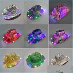 Party Hats Halloween Luminous Cowboy Led Flashing Light Up Sequin Kerstmis Nieuwjaar Caps Cosplay Kostuum Drop Delivery Home Garden Dhuii Dhuii