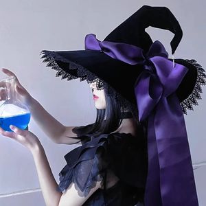 Chapeaux de fête Chapeaux pointus de sorcière en dentelle faits à la main, chapeau de magicien avec nœud papillon, accessoires de Costume gothique Lolita Cosplay pour adultes, chapeau de fête d'halloween 231017