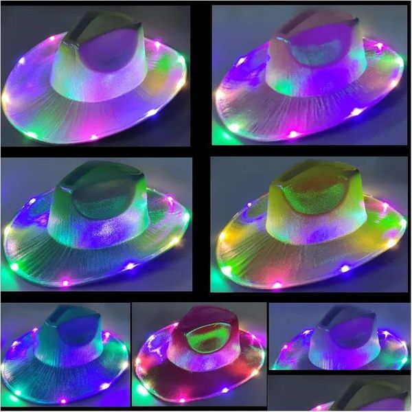 Chapeaux de fête LED Colorf Light Up Cowboy Neon Sparkly Space Cowgirl Hat Holographic Rave Fluorescent Costume Drop Livraison Hom Homefavor Dhuq3