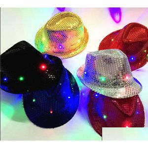 Chapeaux de fête Led Flash Paillettes Glowing Hat Adts Enfants Hiphop Light Up Jazz Cap Dance Club Événement Fête Anniversaire Scène Effectuer des Accessoires Dhwvj