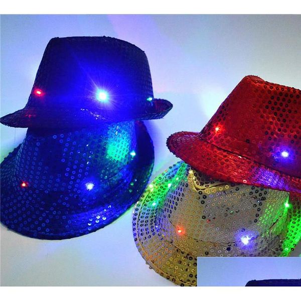 Chapeaux de fête Led Flash Paillettes Glowing Hat Adts Enfants Hip-Hop Light Up Jazz Cap Dance Club Event Anniversaire Stage Perform Props Hallo Dheqp