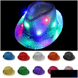 Chapeaux de fête LED Jazz Clignotant Light Up Trilby Paillettes Caps Déguisements Costume De Danse Cowboy Uni Hip Hop Lampe Chapeau Lumineux Drop Livraison Dh8Co