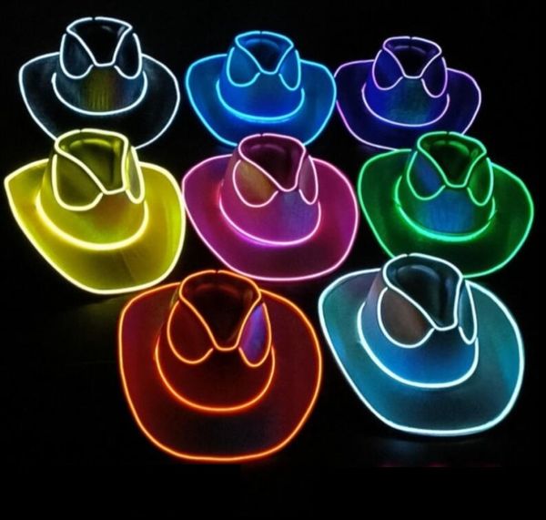 Sombreros de fiesta LED LED WHITE Up Cowboy Neon Cowgirl Hat Hologry Rave fluorescente con cordón ajustable a prueba de viento para el disfraz de Halloween Prop
