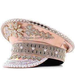 Chapeaux de fête Luxury Femmes Pu Hat militaire Sequin Burning Yacht Week Sergent Rhingestone Rave Festival Bachelorette Part Drop Livrot Otrim