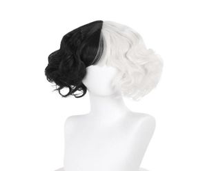Feesthoeden film Cruella Wig korte pruiken voor Halloween Cosplay Women Black White Synthetic Hair Cap6070777