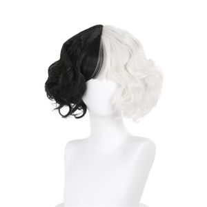 Chapeaux de fête film Cruella perruque perruques courtes pour Halloween Cosplay femmes noir blanc cheveux synthétiques Cap268J