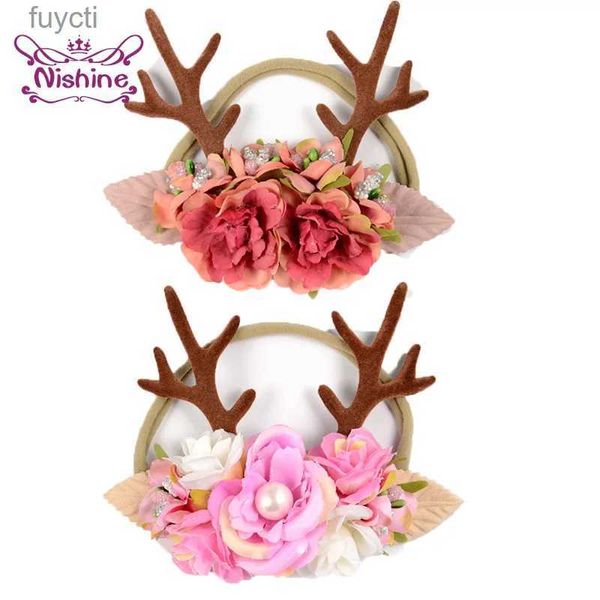 Sombreros de fiesta Nishine Baby Girls Navidad Antlers Diadema Orejas de conejo Flor Banda para el cabello Recién nacido Nylon Turbante Accesorios para el cabello Regalos de cumpleaños YQ240120