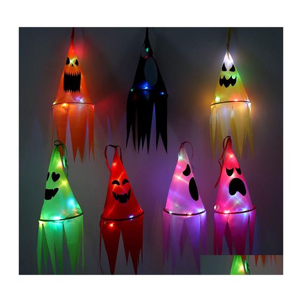 Sombreros de fiesta Sombreros de fiesta Suministros Decoración de Halloween Tubos de vientos LED Bandera fantasma luminosa Colgante Poliéster Fantasmas Banderas Cara de Pascua S Dhubi