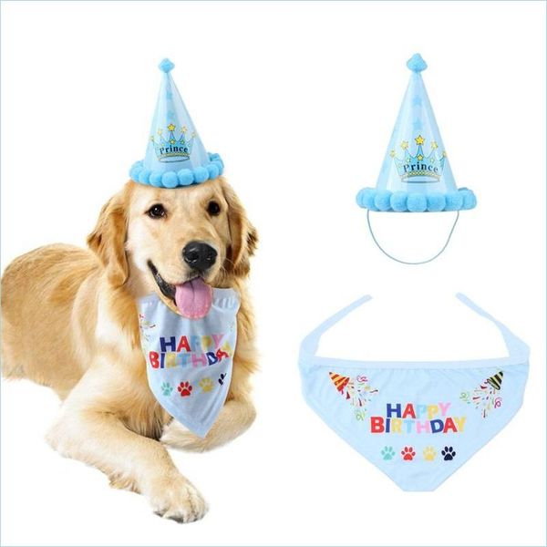 Chapeaux de fête Chapeau de fête d'anniversaire pour animaux de compagnie avec serviette de bouche Anniversaires de chien Casquettes en papier Couronne Imprime Fournitures pour animaux de compagnie 9My E1 Drop Livraison Accueil Gar Dhgfp