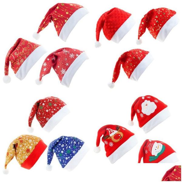 Sombreros de fiesta Sombrero rojo de Papá Noel Estampado de felpa corto Navidad Oro Veet Copo de nieve Estrella Niños Adt Azul Entrega de gota Hogar Jardín Suministro festivo Dhaj1