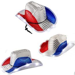 Chapeaux de fête Rouge Blanc Et Bleu Usa Patriotique Light Up Chapeaux De Cowboy LED Clignotant Lumineux Chapeau De Cowgirl À Paillettes Américaines Pour Western Indepen Dhmdm