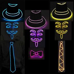 Sombreros de fiesta s LED Festival Rave Light Cosplay Vendetta Guy Fawkes Flash Suit EL Hat Glowing Tie Neon Mask Bar Dance Supplies 231207