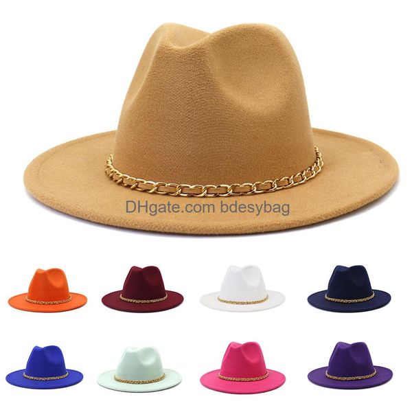 Chapeaux de fête Couleur solide Fedora Chaîne métallique Chaîne Womens Wide Wide Jazz Automne et hiver British Vintage Panama Wholesale Drop Livrot Otu9i