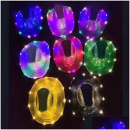 Chapeaux de fête Espace Cowgirl LED Chapeau Clignotant Allumer Sequin Cowboy Casquettes Lumineuses Halloween Costume En Gros Drop Livraison Dhzev