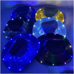 Chapeaux de fête Espace Cowgirl LED Chapeau Clignotant Allumer Sequin Cowboy Casquettes Lumineuses Halloween Costume Drop Livraison Maison Jardin Festif Su Dhjih