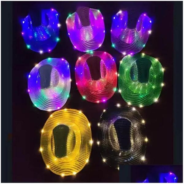 Chapeaux de fête Space Cowgirl Hat à LED clignotant Light Up Sequin Cowboy Caps Luminal Costume Halloween Wholesale 0730 Drop Livrot Home G Dhyzt