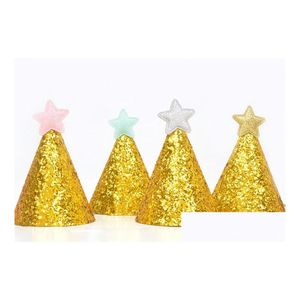 Feesthoeden Sparklehaus Glitter Top - ADT/ Kids Caps W/ Golden Shine Mini Cone Form Perfect voor bruiloften Verjaardagen P OS Drop levering DHQHC