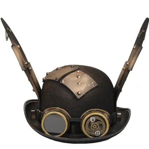 Chapeaux de fête Steampunk hommes chapeau avec lunettes Vintage Jazz chapeau Gay haut-de-forme diable corne chapeau Steampunk fête Halloween mascarade Costume 231007