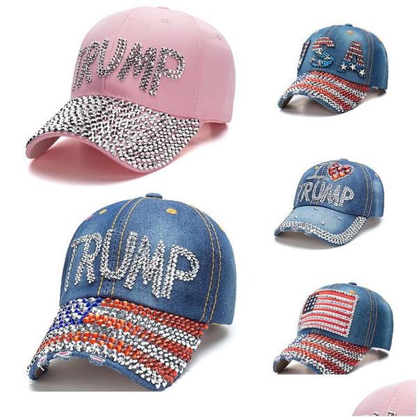 Sombreros de fiesta Trump 2024 Gorra de béisbol Sombrero de fiesta Campaña electoral Gorras de vaquero Snapback ajustable Mujeres Denim Diamond Hats Home Garden Fe Dhavw