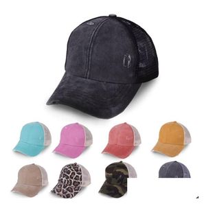 Chapeaux de fête Washed Mesh Back Leopard Camo Hollow Messy Bun Casquette de baseball Chapeau de camionneur Summer Sun Caps SN4514 Drop Livraison Home Garden Dhanf